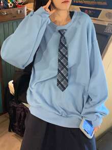 Solid Drop Shoulder Oversized Pullover With Necktie - Blue - View 3