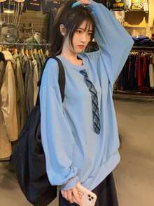 Solid Drop Shoulder Oversized Pullover With Necktie - Blue - View 4