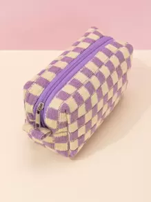 1 件紫色和黄色棋盘针织柔软经典棋盘图案防水大容量旅行便携经典八角包化妆包女士女孩，化妆包化妆袋护肤包洗漱包收纳包，旅行必需品邮轮必需品宿舍必需品 - 彩色 - 查看 2