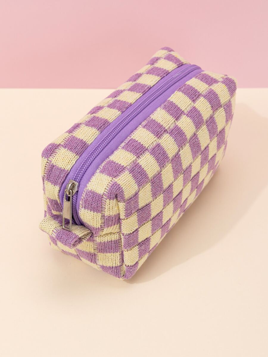 1 件紫色和黄色棋盘针织柔软经典棋盘图案防水大容量旅行便携经典八角包化妆包女士女孩，化妆包化妆袋护肤包洗漱包收纳包，旅行必需品邮轮必需品宿舍必需品