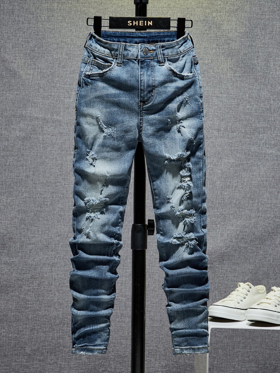 SHEIN Tween Boy Ripped Frayed Bleach Wash Jeans - Medium Wash - View 1