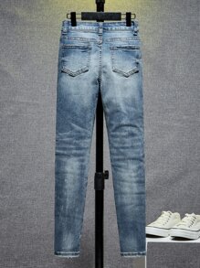 SHEIN Tween Boy Ripped Frayed Bleach Wash Jeans - Medium Wash - View 2