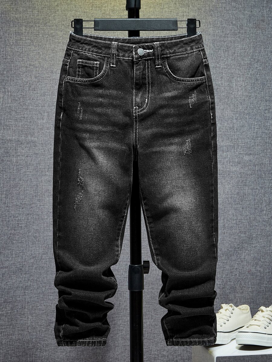 SHEIN Boys Bleach Wash Cat Scratch Jeans - Black - View 1
