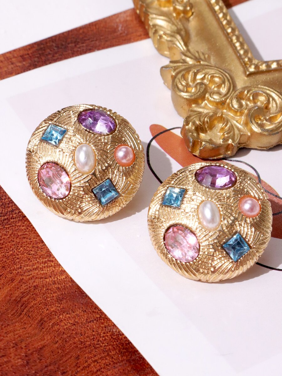 Faux Pearl & Rhinestone Decor Round Stud Earrings