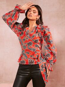 SHEIN Clasi Blusa con estampado floral ribete con fruncido cruzado con nudo lateral - Multicolor - Ver 1
