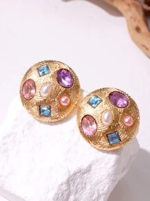 Faux Pearl & Rhinestone Decor Round Stud Earrings