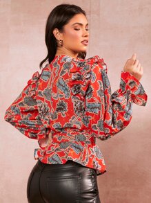 SHEIN Clasi Blusa con estampado floral ribete con fruncido cruzado con nudo lateral - Multicolor - Ver 2