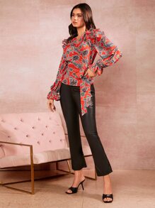 SHEIN Clasi Blusa con estampado floral ribete con fruncido cruzado con nudo lateral - Multicolor - Ver 4