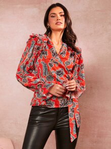 SHEIN Clasi Blusa con estampado floral ribete con fruncido cruzado con nudo lateral - Multicolor - Ver 5