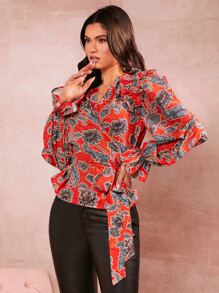 SHEIN Clasi Blusa con estampado floral ribete con fruncido cruzado con nudo lateral - Multicolor - Ver 7