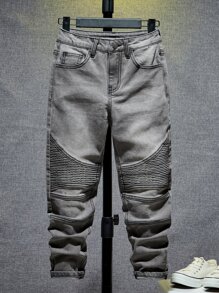 SHEIN 男孩拉鏈門襟拼接面牛仔褲 - 灰色 - 查看 1