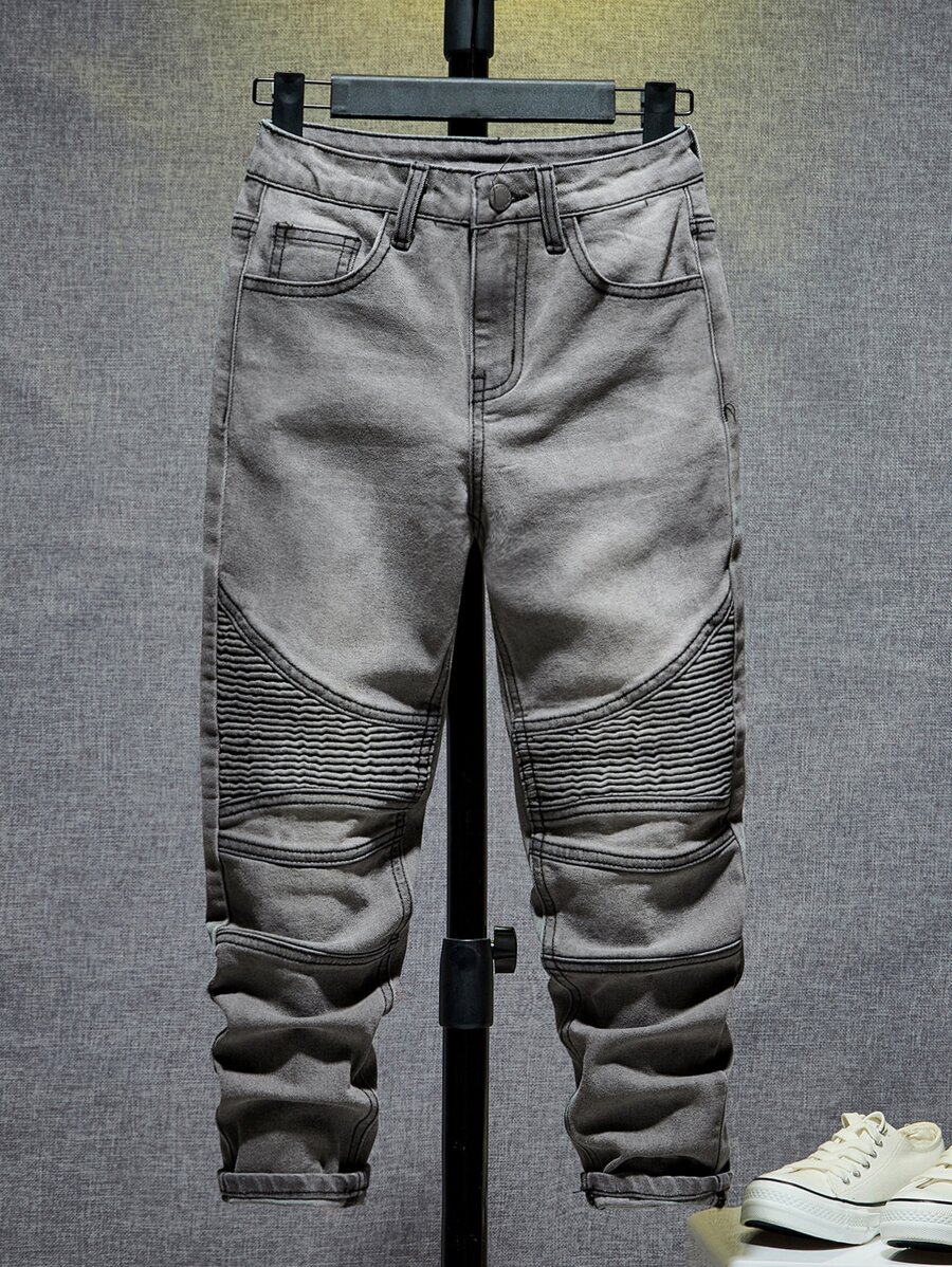SHEIN 男孩拉鏈門襟拼接面牛仔褲 - 灰色 - 查看 1
