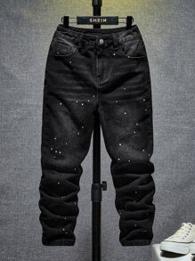 SHEIN Jeans De Tinta Salpicada Para Niños Mayores - Negro - Ver 1