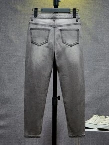 SHEIN 男孩拉鏈門襟拼接面牛仔褲 - 灰色 - 查看 2