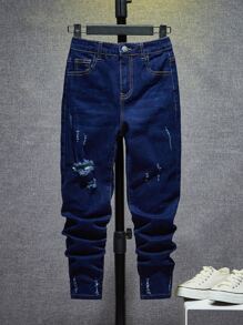 SHEIN Boys Ripped Frayed Cat Scratch Jeans - Dark Wash - View 1