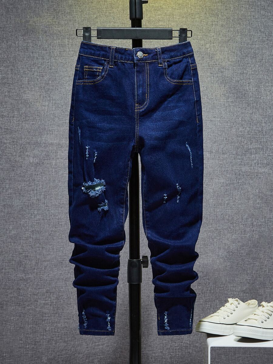 SHEIN Boys Ripped Frayed Cat Scratch Jeans - Dark Wash - View 1