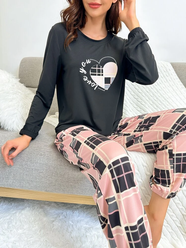 Conjunto de pijama con corazón & con estampado de cuadros - Multicolor - Ver 6