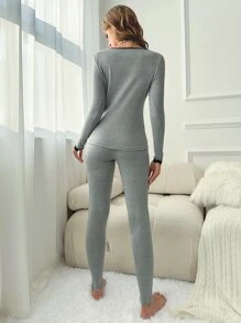 Contrast Lace Thermal Underwear Set - Light Grey - View 2