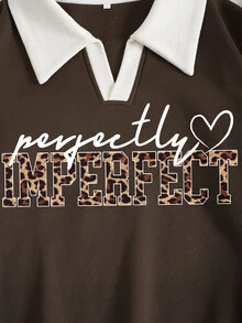 SHEIN EZwear Letter & Leopard Print Contrast Collar Thermal Sweatshirt - Coffee Brown - View 6