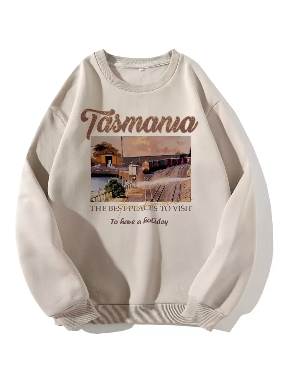 SHEIN EZwear Slogan & View Print Thermal Pullover - Apricot - View 1