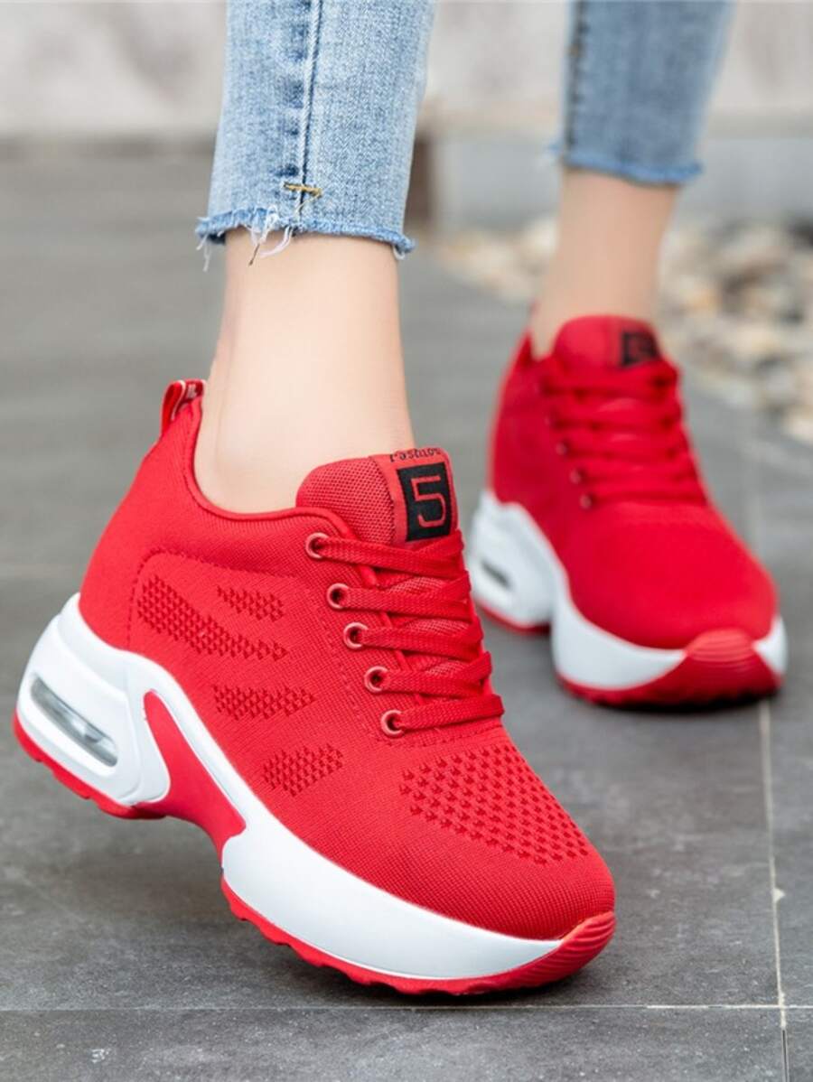 補丁細節前綁帶坡跟運動鞋 - 紅色 - 查看 1