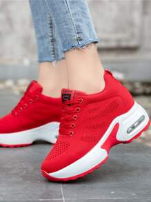 補丁細節前綁帶坡跟運動鞋 - 紅色 - 查看 2