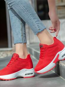 補丁細節前綁帶坡跟運動鞋 - 紅色 - 查看 5