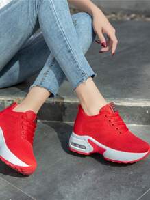 補丁細節前綁帶坡跟運動鞋 - 紅色 - 查看 6