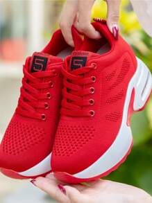 補丁細節前綁帶坡跟運動鞋 - 紅色 - 查看 7