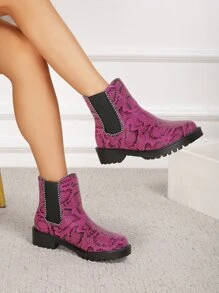 Snakeskin Embossed Bead Decor Chelsea Boots - Hot Pink - View 2