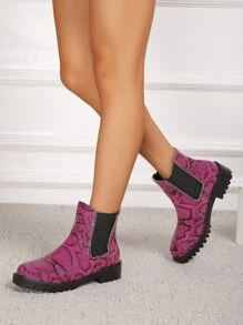 Snakeskin Embossed Bead Decor Chelsea Boots - Hot Pink - View 3