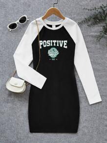 SHEIN Teen Girls Letter Graphic Raglan Sleeve Dress - Black and White - View 1