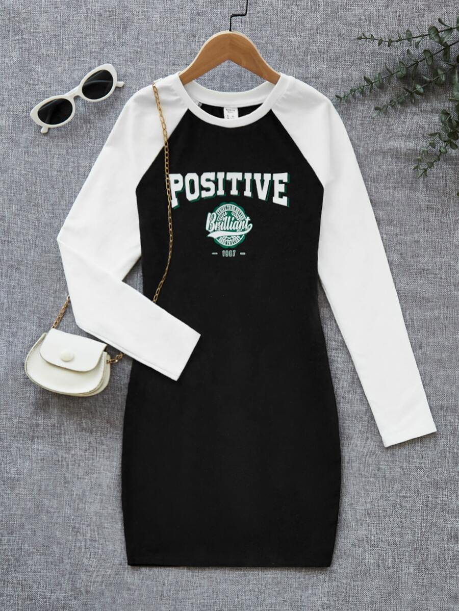 SHEIN Teen Girls Letter Graphic Raglan Sleeve Dress - Black and White - View 1