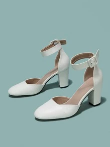 2025秋冬女士蛇纹压花粗跟高跟鞋，优雅白色踝带高跟鞋，优雅，优雅