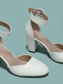 2025秋冬女士蛇纹压花粗跟高跟鞋，优雅白色踝带高跟鞋，优雅，优雅