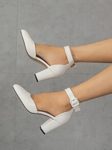 2025秋冬女士蛇纹压花粗跟高跟鞋，优雅白色踝带高跟鞋，优雅，优雅