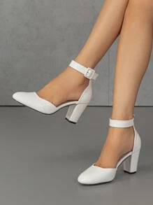 2025秋冬女士蛇纹压花粗跟高跟鞋，优雅白色踝带高跟鞋，优雅，优雅