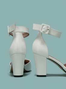 2025秋冬女士蛇纹压花粗跟高跟鞋，优雅白色踝带高跟鞋，优雅，优雅