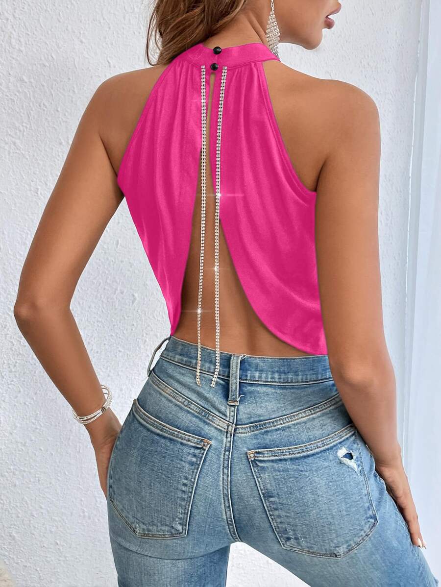 SHEIN Allurite Top halter cruzado con diamante de imitación con diseño de cadena de espalda abierta - Rosa Fucsia - Ver 1