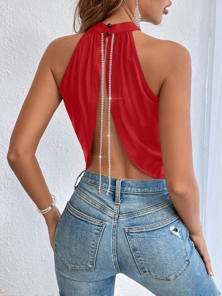 SHEIN Allurite Rhinestone Chain Detail Backless Halter Top - Red - View 1