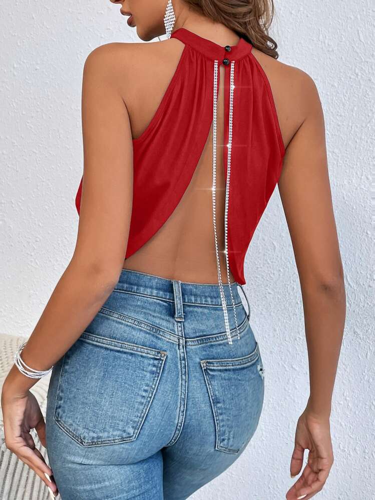 SHEIN Allurite Rhinestone Chain Detail Backless Halter Top - Red - View 2