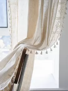 Bubaba 1 件麻布拼布遮光窗帘，波西米亚亚麻镂空流苏装饰板，适用于卧室、客厅、厨房、餐厅、健身房、凸窗、咖啡厅、日常使用和节日，所有季节