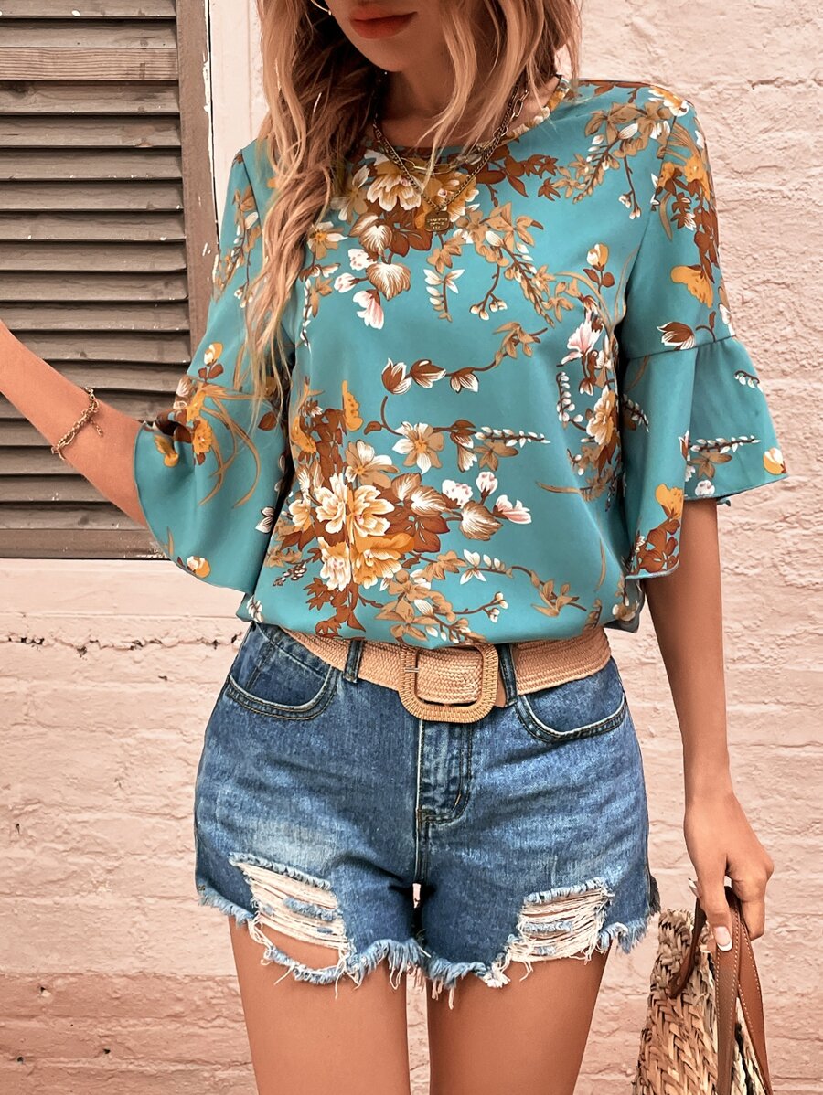 SHEIN LUNE Floral Print Flounce Sleeve Blouse - Mint Green - View 1