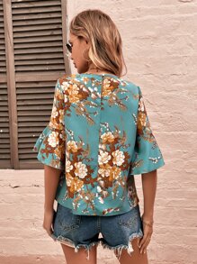 SHEIN LUNE Floral Print Flounce Sleeve Blouse - Mint Green - View 2