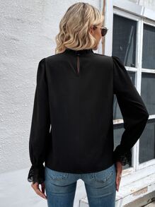 SHEIN Clasi Guipure Lace Insert Flounce Sleeve Blouse - Black - View 2