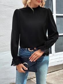 SHEIN Clasi Guipure Lace Insert Flounce Sleeve Blouse - Black - View 3