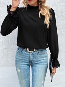 SHEIN Clasi Guipure Lace Insert Flounce Sleeve Blouse - Black - View 4