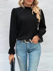 SHEIN Clasi Guipure Lace Insert Flounce Sleeve Blouse - Black - View 5