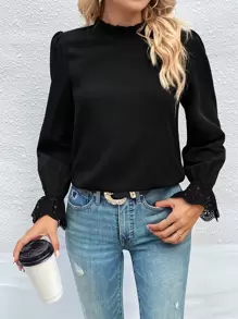 SHEIN Clasi Guipure Lace Insert Flounce Sleeve Blouse - Black - View 6