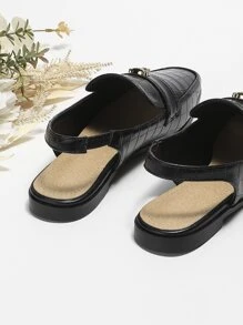 2025 Autumn Women's Fashion Metal Buckle Square Toe Flat Mule Slingback Backless Comfy Casual Shoes - Black - View 4